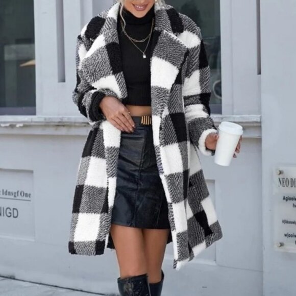 Jackets & Blazers - Cozy Black White Plaid Teddy Jacket Coat